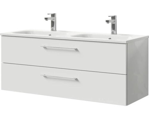 Pelipal Sunline 121 badkamermeubelset (B x H x D): 121 x 50 x 46 cm, fronten in hoogglans wit, met dubbele wastafel en badmeubel van mineraalglas