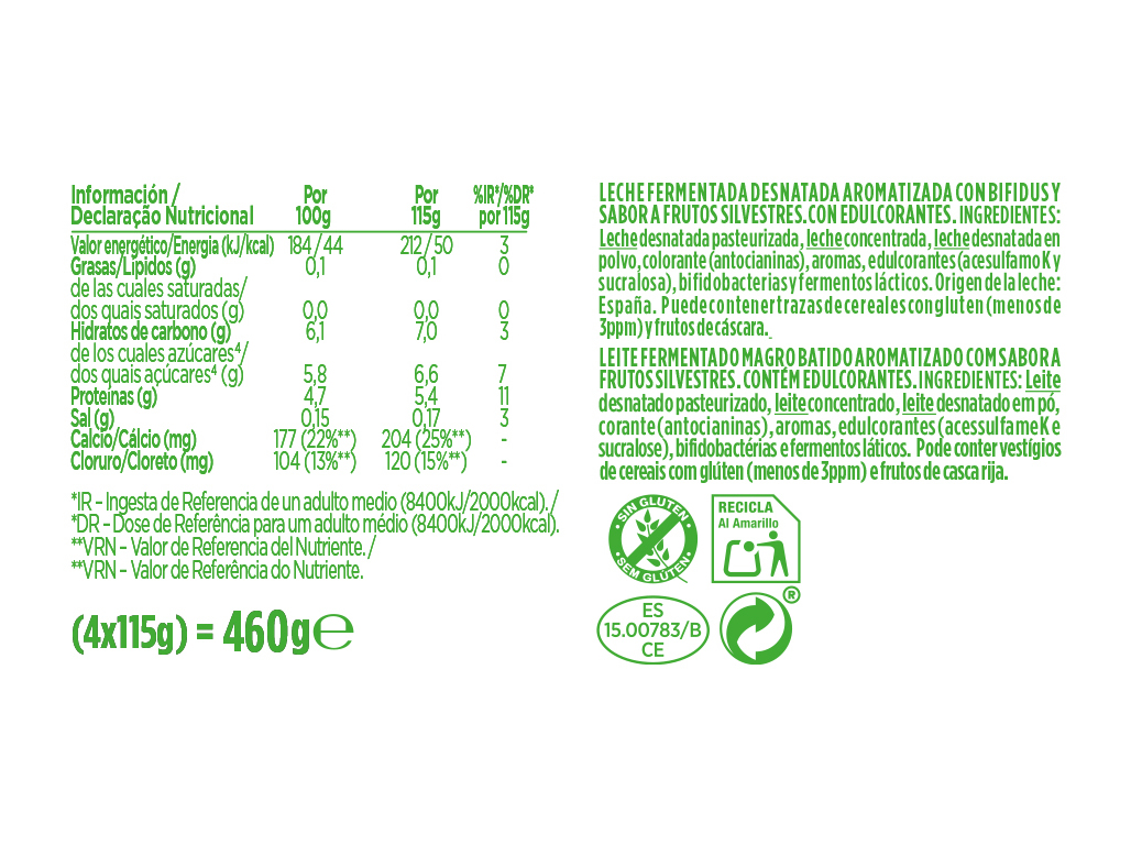 IOGURTE ACTIVIA BIFIDUS CREMOSO FRUTOS SILVESTRES 0% 4X115G