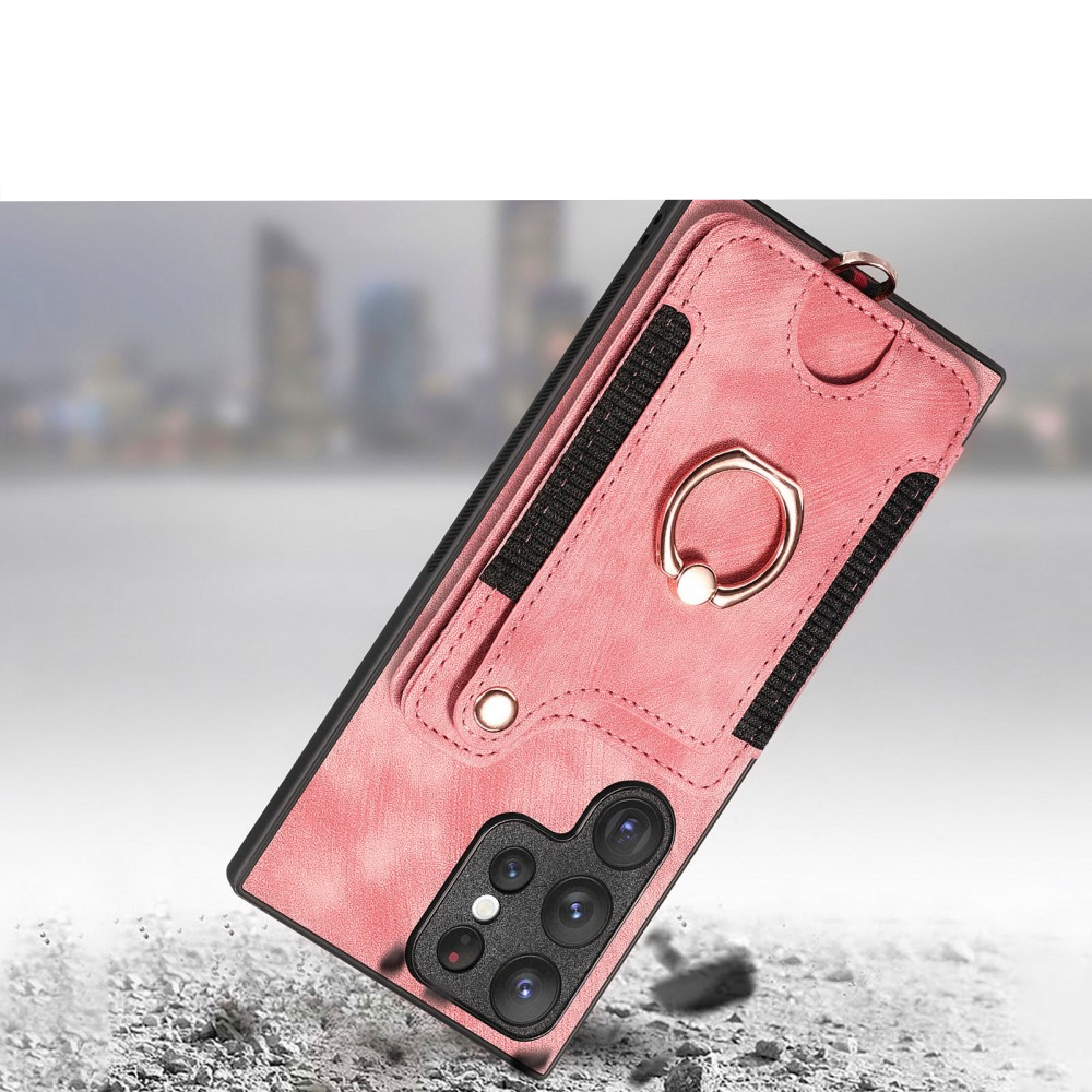 Samsung Galaxy S23 Ultra 5G Necklace Leder Hülle mit Kartenfächer   Finger Griff Halterung   Handykette (RFID Schutz) - Rosa