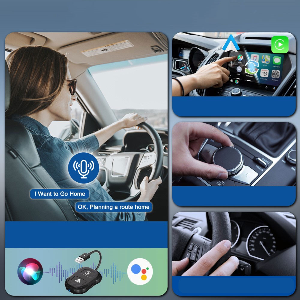 Bluetooth Android Auto / Apple Carplay KFZ USB A Adapter mit USB C Aufsatz für Android / iOS Smartphones (Google Assistant / Siri) - Schwarz