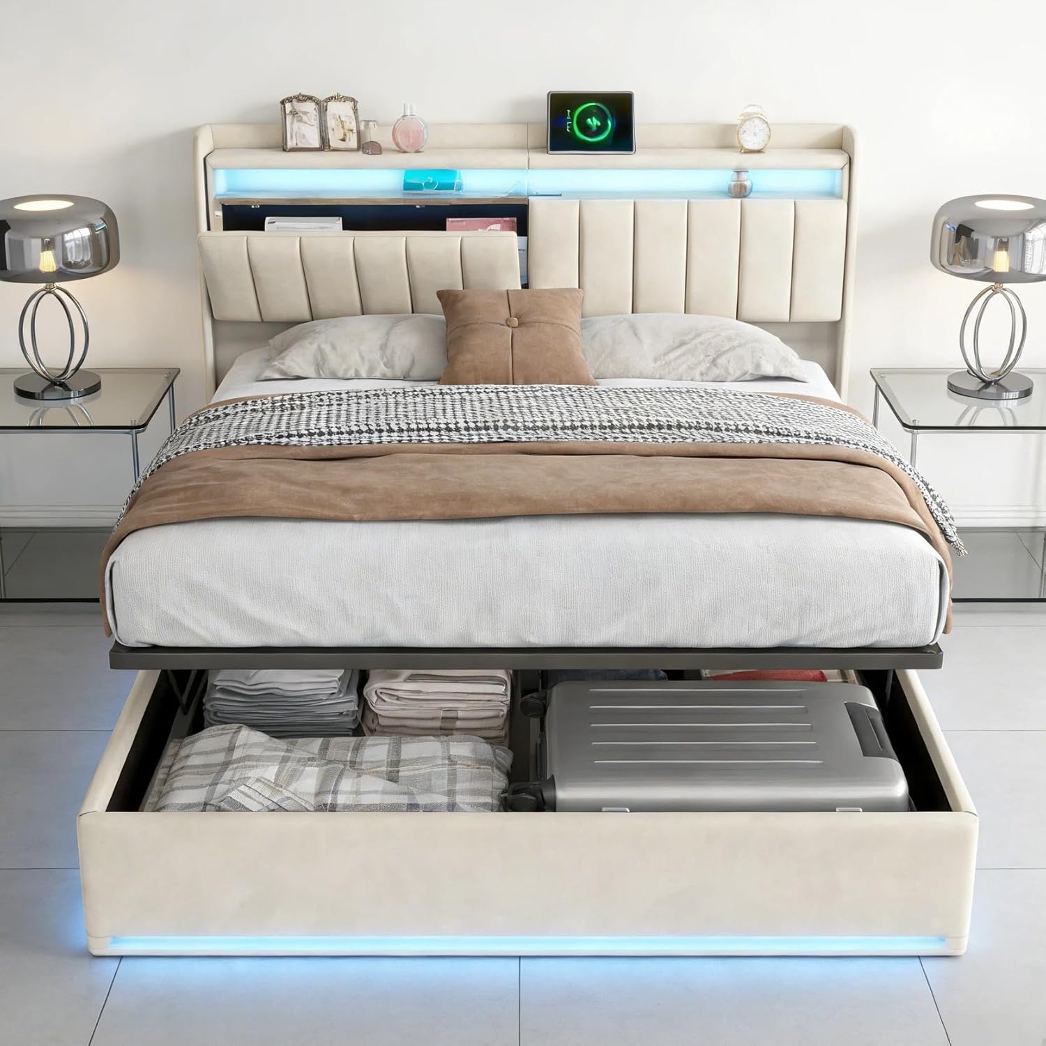 Polsterbett 140x200 mit Stauraum, Doppelbett mit LED/USB, Hydraulisch Stauraumbett, Jugendbett mit kopfteil und Lattenrost, Bettrahmen für Erwachsene, Samt (Beige, 140 x 200 cm)