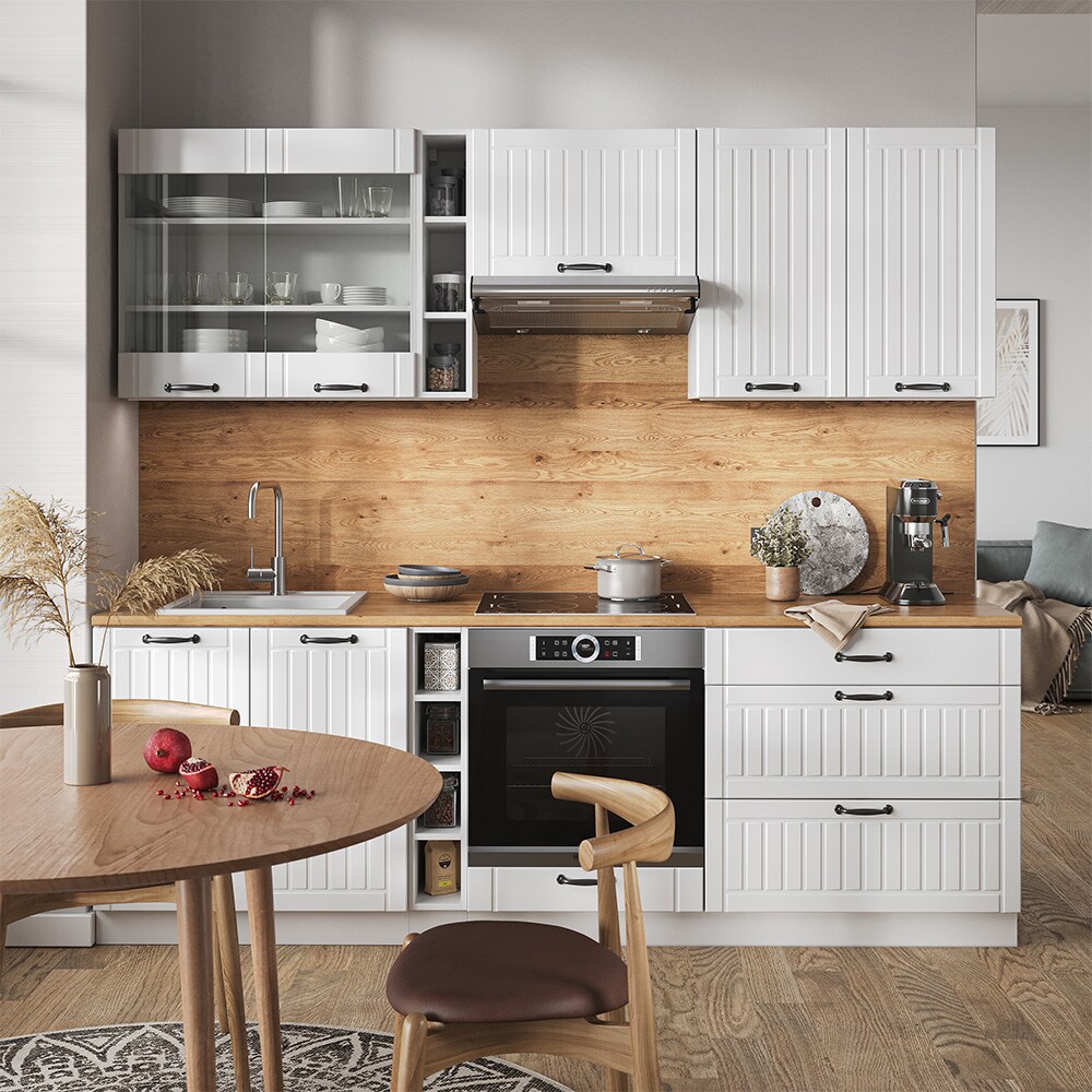 Vicco Küchenzeile Küchenblock Einbauküche Fame-Line Landhaus Weiß 235 cm Küchen Schränke Hängeglasschrank Hängeschrank Schubladenunterschrank Spülenunterschrank Herdumbauschrank