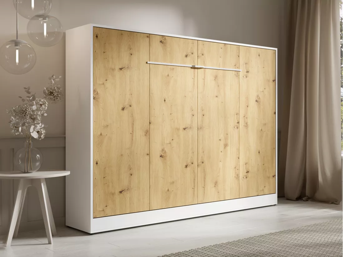 Lit escamotable 140 x 200 cm - Ouverture horizontale manuelle - Avec LEDs - Blanc et naturel - RAPILI
