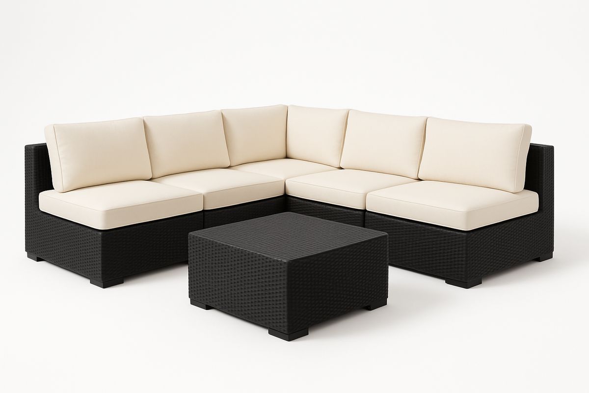 Gartensofa Set Ecksofa Polyethylen Polyester Creme Schwarz