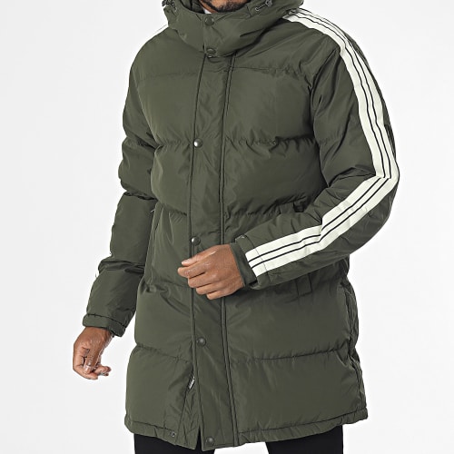 Doudoune Capuche A Bandes Vert Kaki