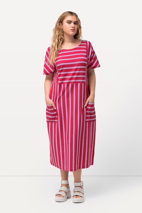 Jersey-Midikleid, Streifen, Oversized, Rundhals, Halbarm