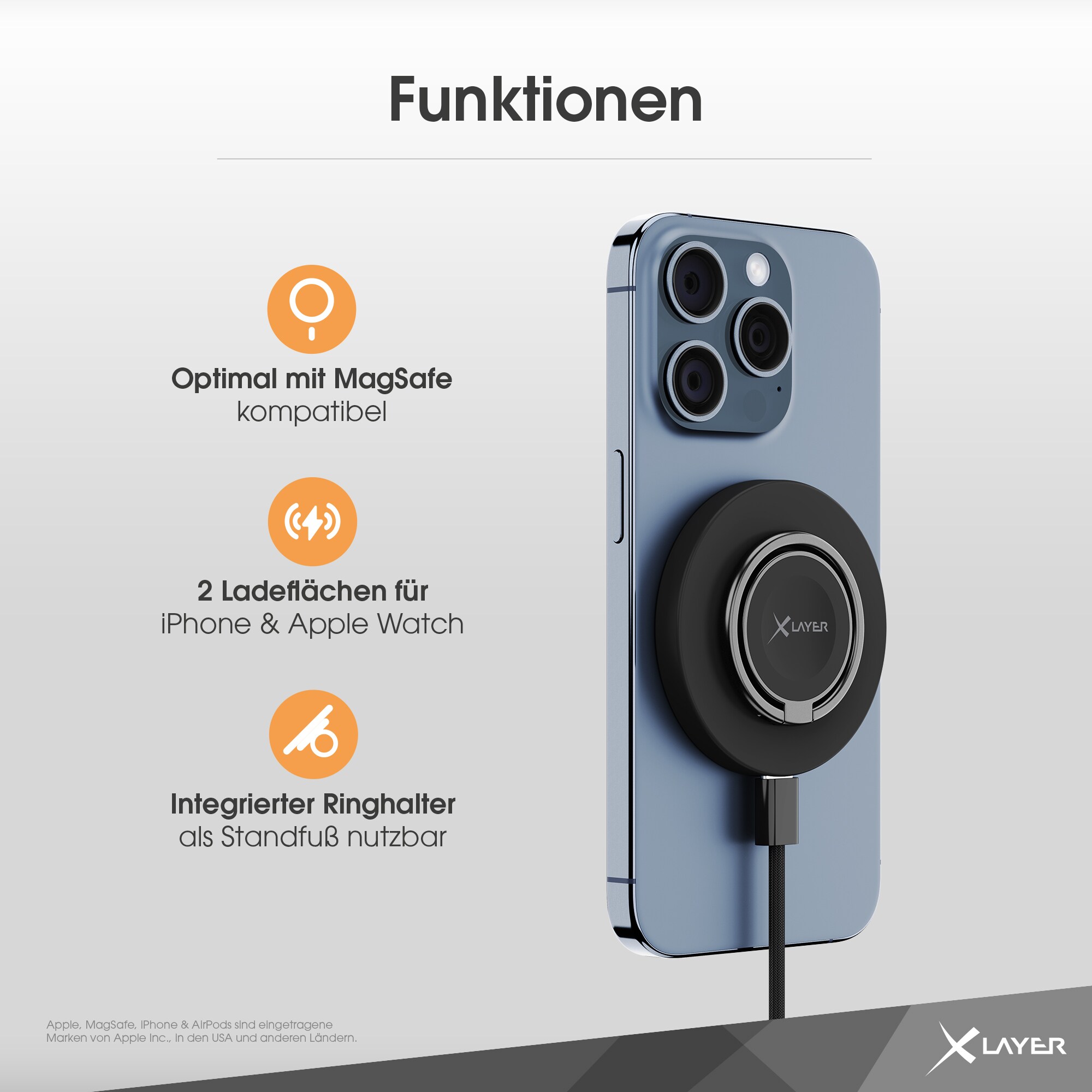 Xlayer Charger MagFix Pro 3 in 1 Ladestation Apple Wireless Charger I Magsafe Ladepad mit Ring