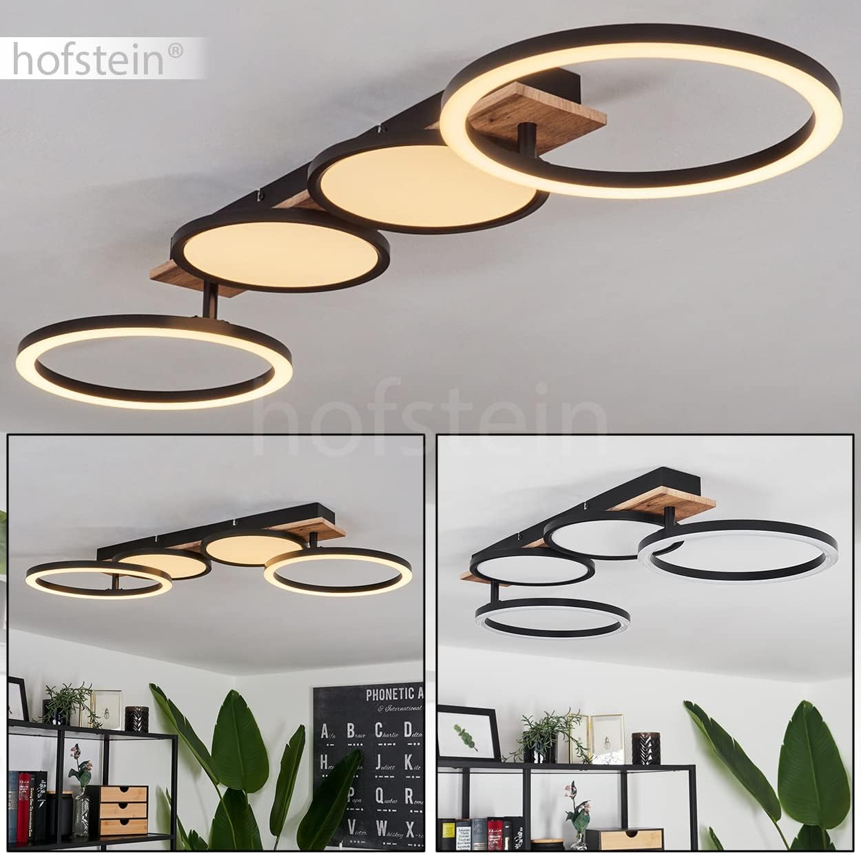 HOFSTEIN LED Deckenleuchte Avelal, Deckenlampe aus Metall/MDF/Kunststoff in Holzoptik/Schwarz/Braun/Weiß, moderne Leuchte m- verstellbaren Schirmen, 1 x LED 38 Watt, 2300 Lumen, 3000 Kelvin