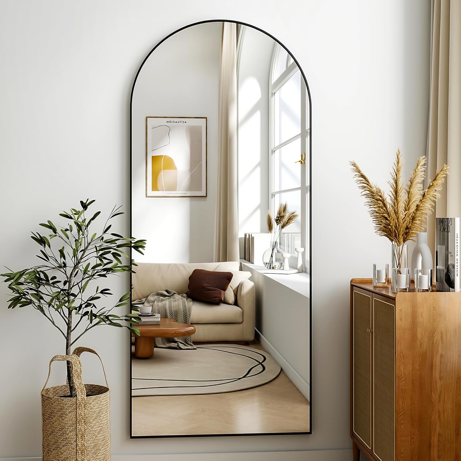 BEAUTYPEAK 181x63 cm Großer Bogen Ganzkörperspiegel, Gewölbter Standspiegel hängend oder lehnend an die Wand, groß Bodenspiegel mit Ständer für Schlafzimmer, Wohnzimmer oder Ankleidezimmer, Schwarz