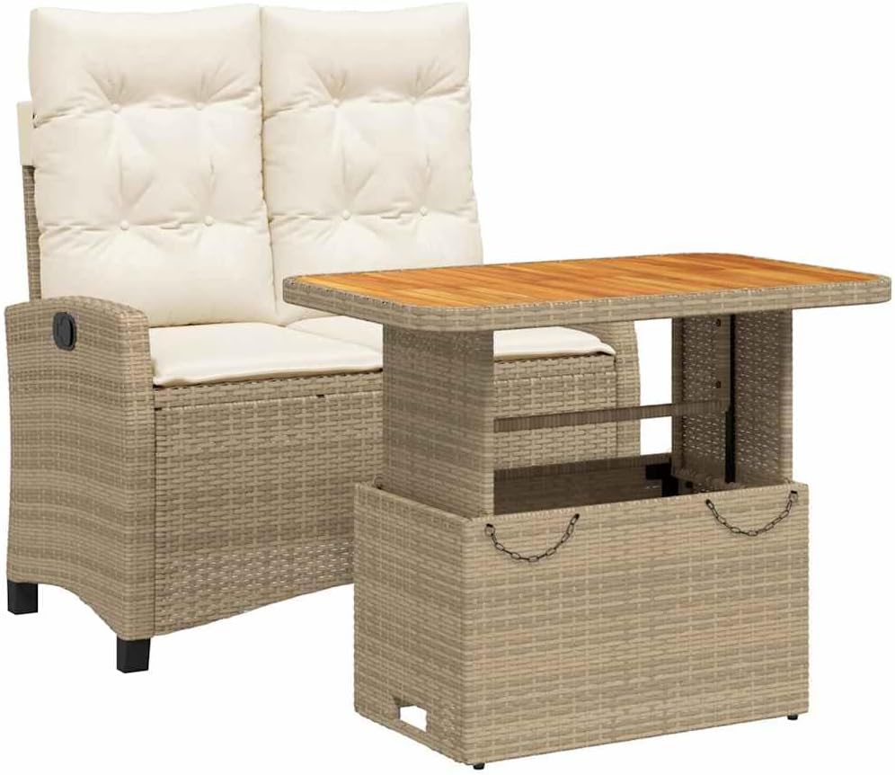 2-TLG Gartenmöbel Lounge Set aus Poly Rattan Beige 105x66x93 cm Modernes Design Verstellbare Rückenlehne Höhenverstellbarer Akazientisch robust für Balkon Terrasse und Garten