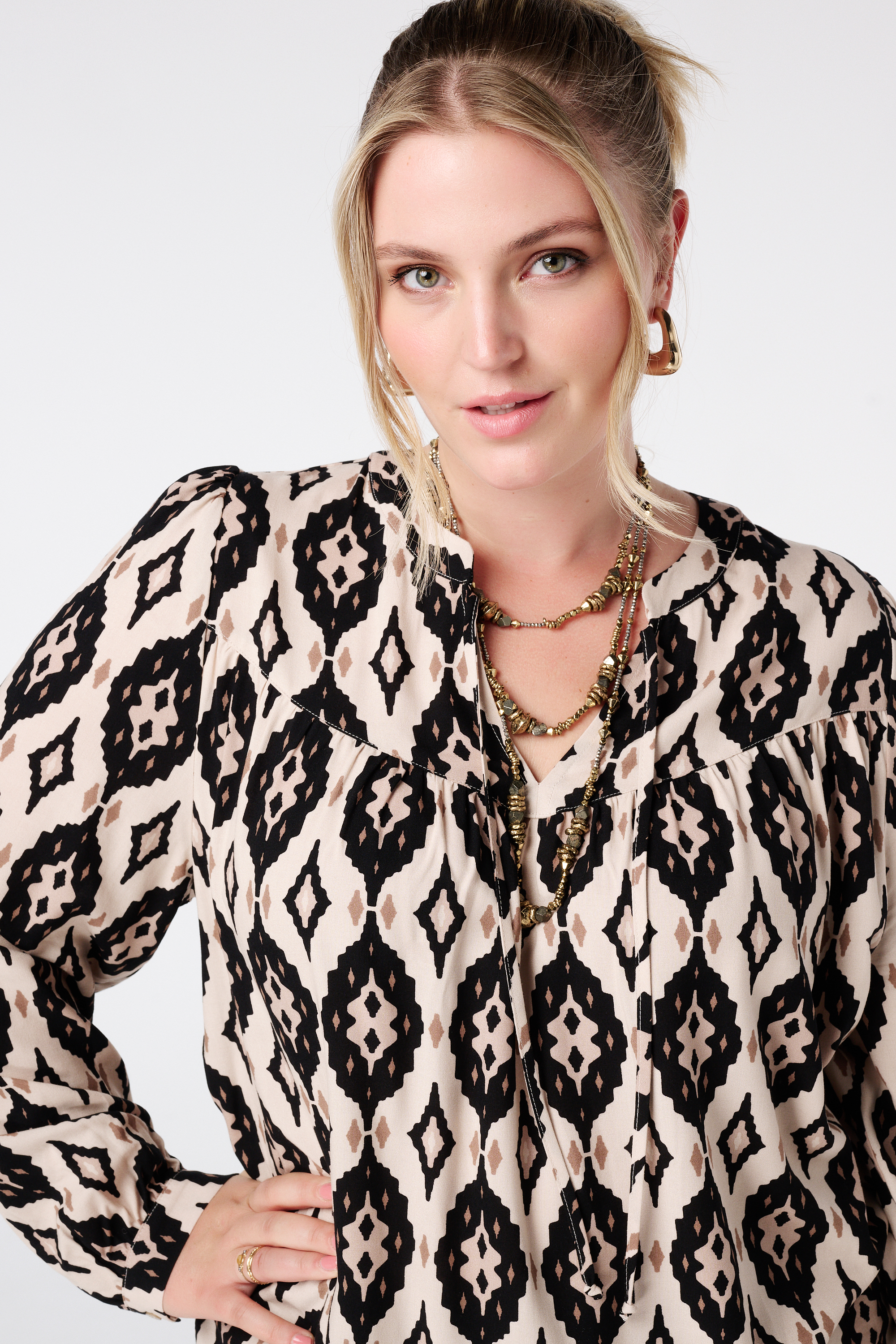 Blouse met print en klosjes Multi zwart-wit