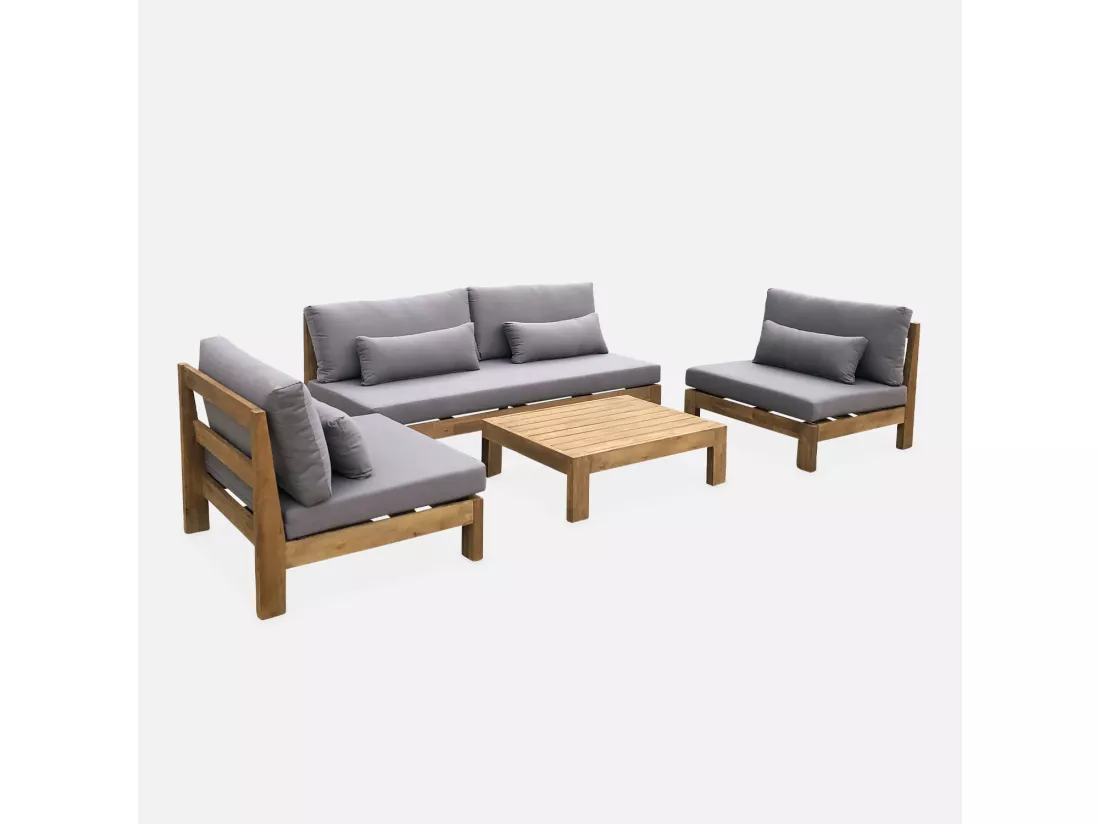 Salon de jardin XXL en bois brossé. effet blanchi – BAHIA – coussins anthracite. ultra confortable. 5 places