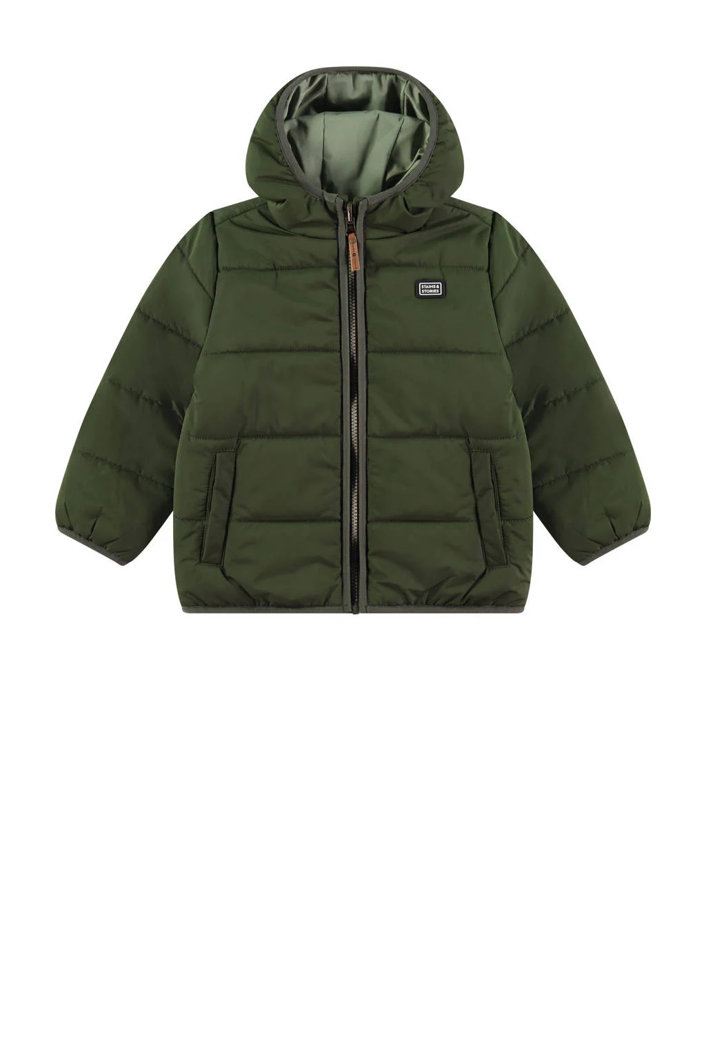 Stains&Stories reversible coated teddy winterjas groen/beige