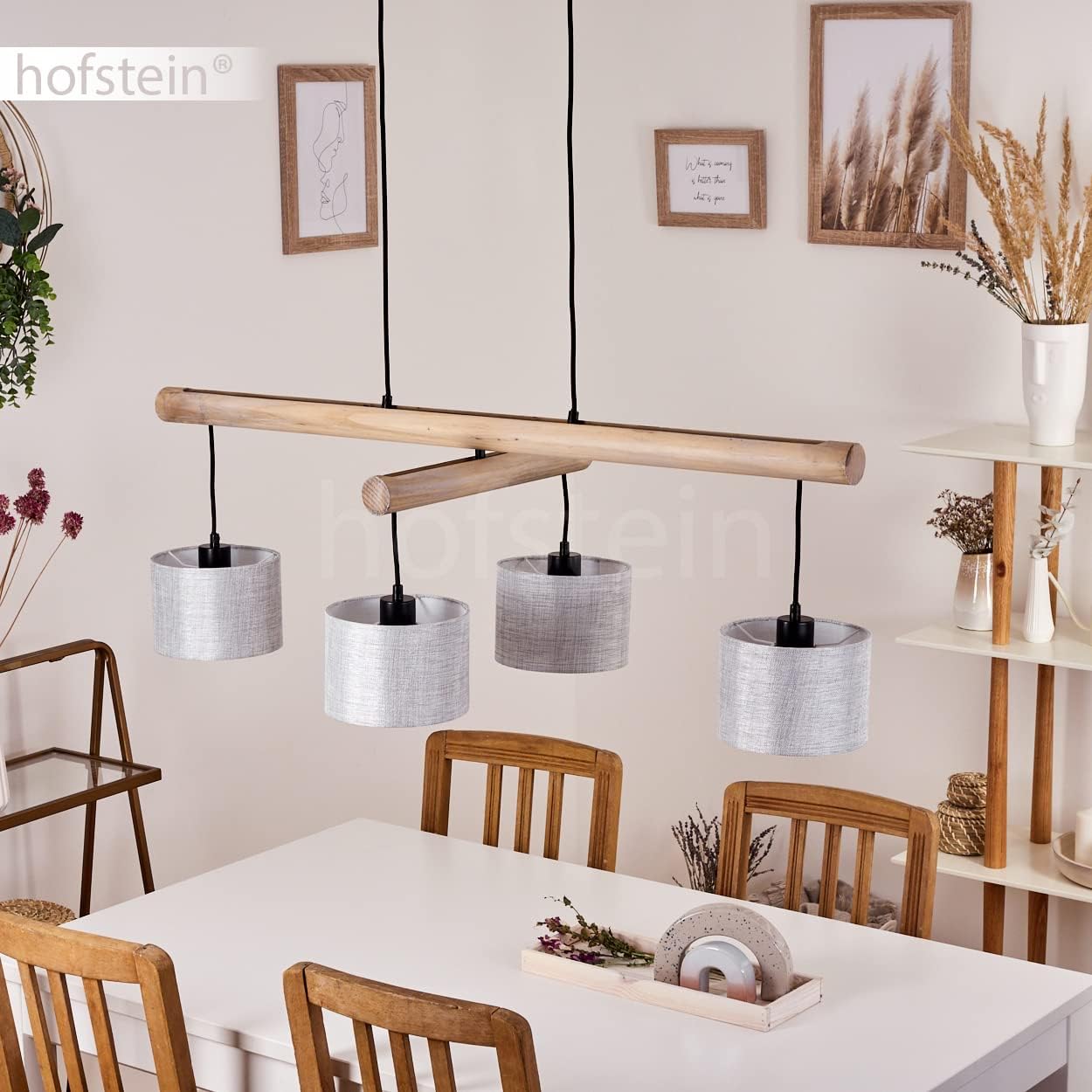 Hängeleuchte Bigandie, 4-flammige Pendellampe aus Metall und Holz in Schwarz/Natur, Lampe mit Stoffschirmen in Grau mit verstellbaren Holzbalken, 4 x E27, ohne Leuchtmittel