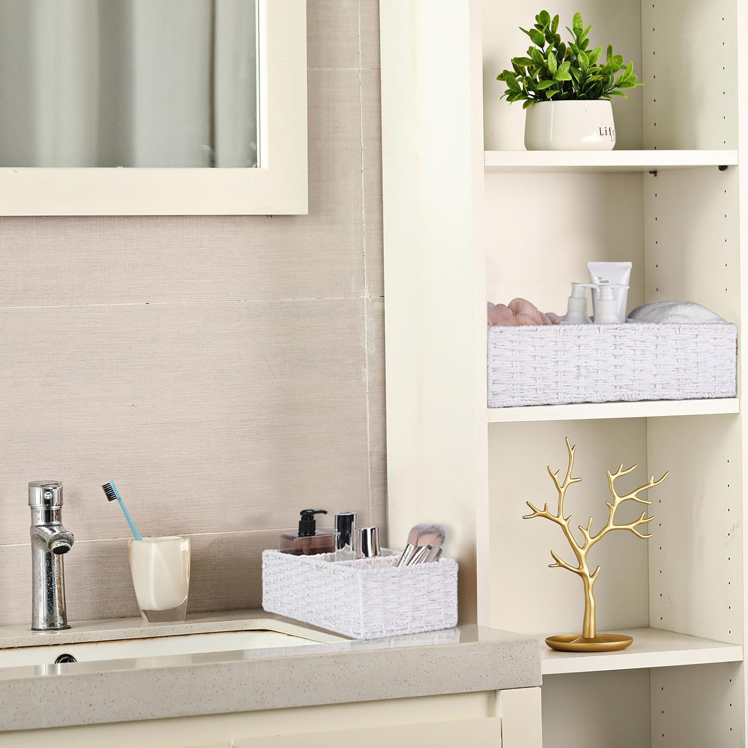(36x15cm) Rattan Aufbewahrungs Korb Deko Organizer mit 3 Fächern für Badezimmer / Küche / Wohnzimmer - Weiss