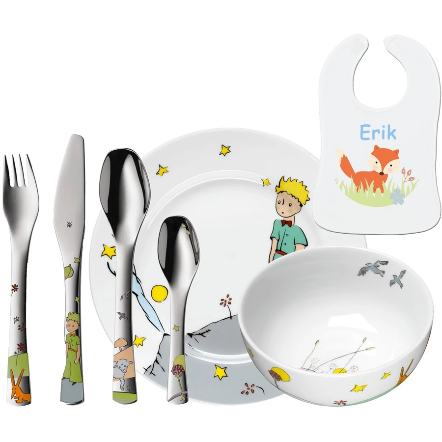 Schnullireich Geschenkset mit Namen Kleiner Prinz: WMF Kinderbesteck + TellerSchale+ Lätzchen Silber