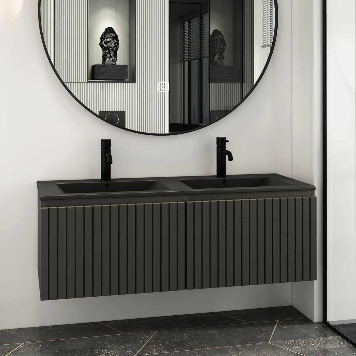 Fontana Lento zwart badmeubel ribbelfront 120cm met zwarte wastafel 2 kraangaten en ronde spiegel