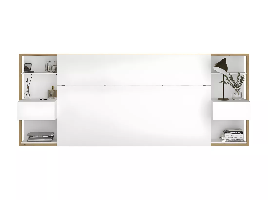 Lit avec chevets et rangements 160 x 200 cm - Coloris : Blanc et naturel + Sommier - MISTA