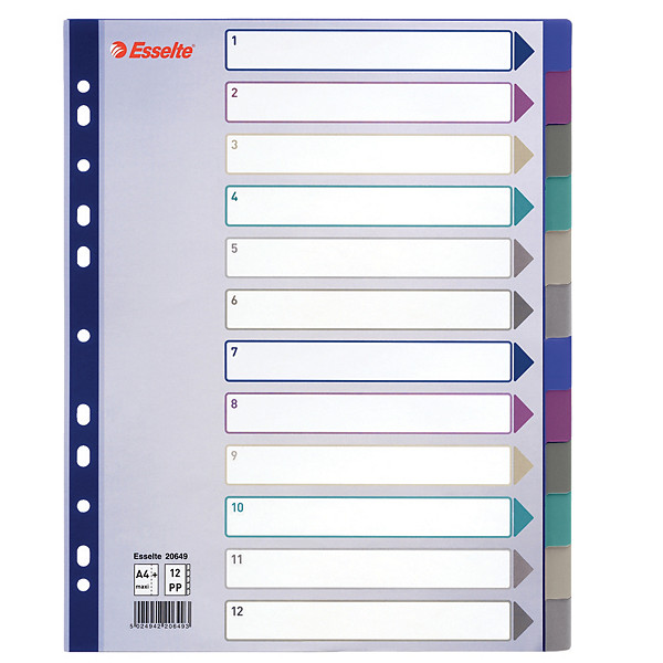 Intercalaires 12 touches neutres Esselte en polypro A4 multicolores, lot de 2 jeux