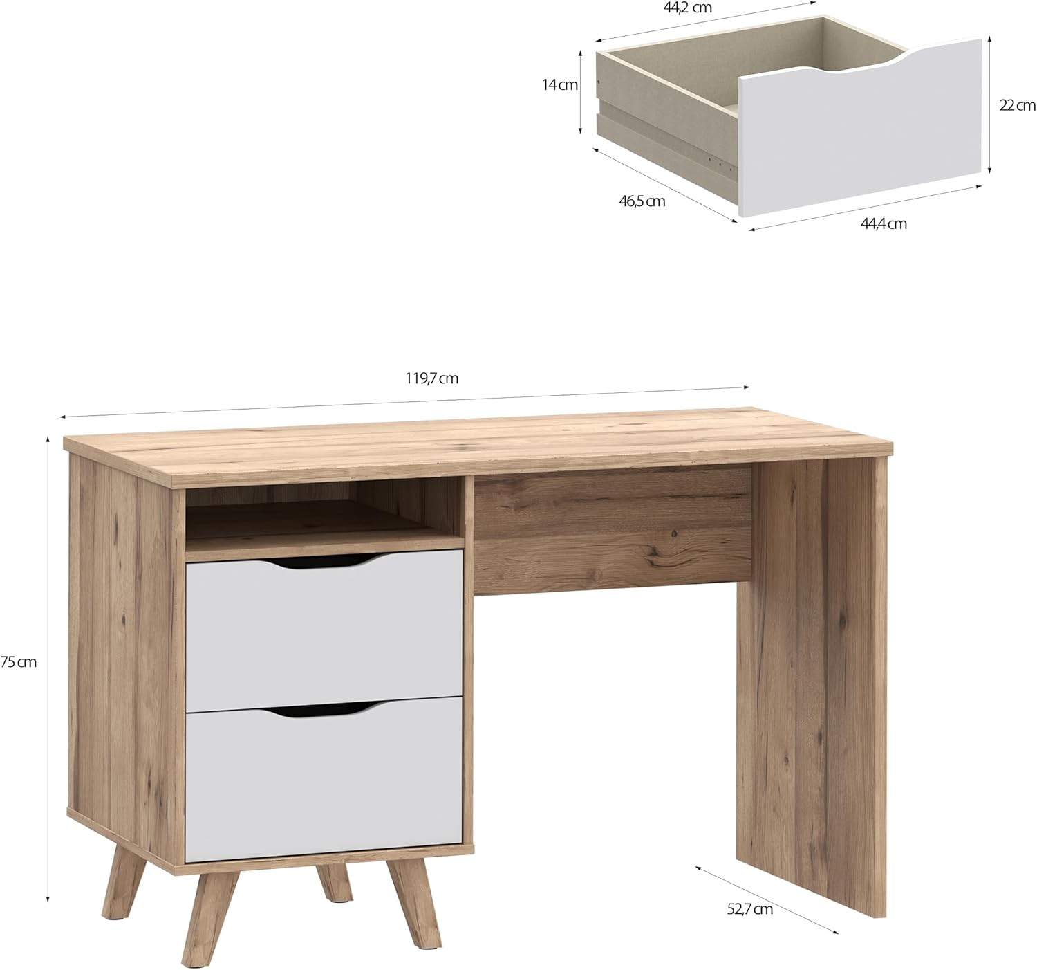 Forte VANKKA Schreibtisch 120, Skandi Schreibtisch mit 2 Schubladen, offenen Fach und filigranen Möbelbeinen, Holzwerkstoff, Planked Eiche Holzdekor, 119,7 cm breit x 75 cm hoch x 52,7 cm tief