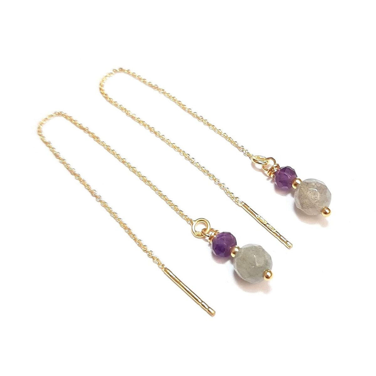 Boucles D'Oreilles Labradorite Et Améthyste Argent 925 Doré
