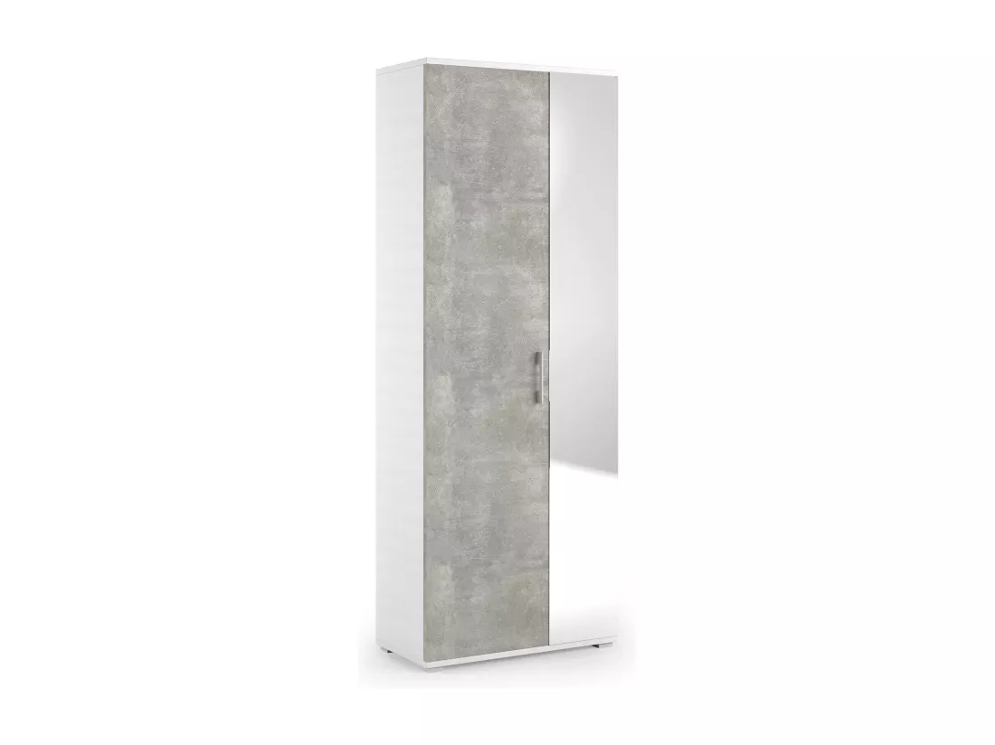 Étagère à chaussures Dminiat, meuble d'entrée polyvalent avec porte miroir, meuble à chaussures moderne avec 6 étagères, 100% Made in Italy, 72x37h195 cm, Blanc et Ciment