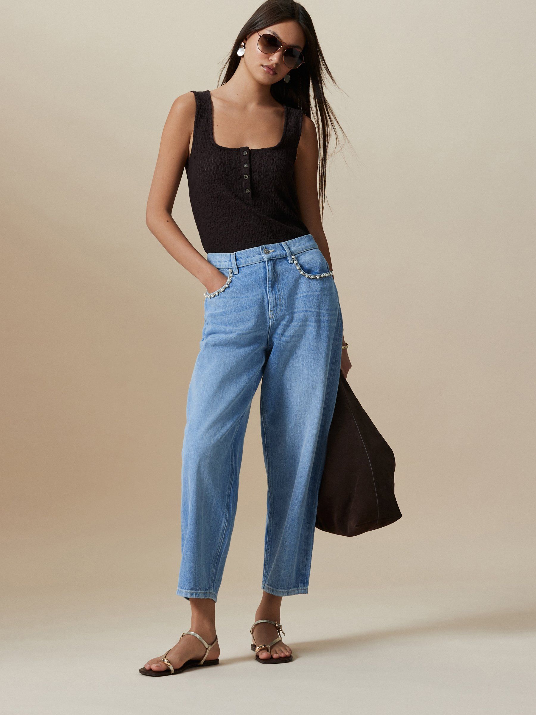 Lichtblauw - Embellished Pocket Barrel Jeans