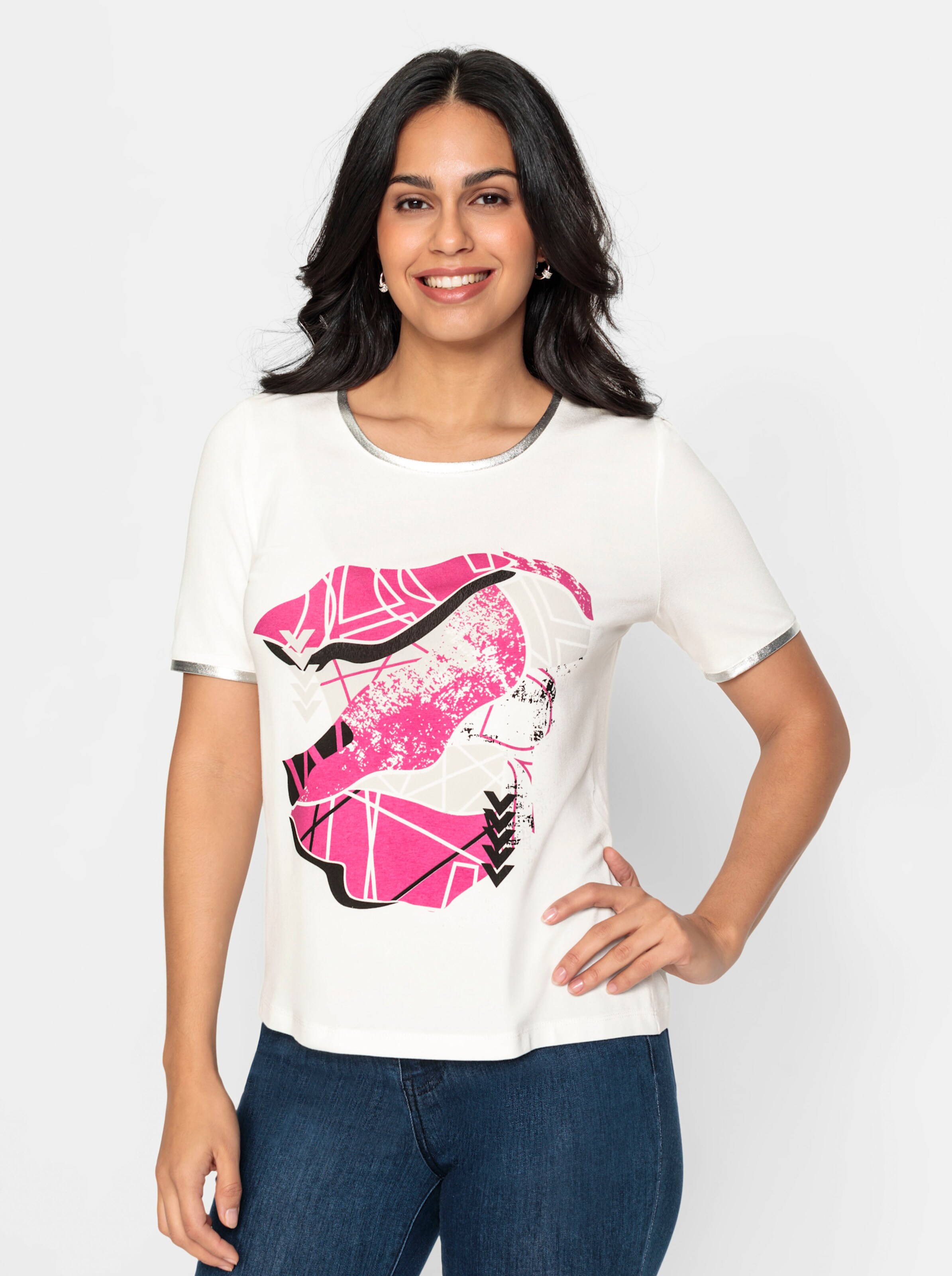 Shirt in ecru-fuchsia-bedruckt