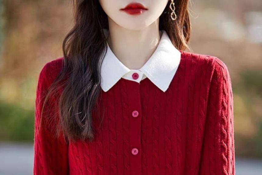 Jeonseon - Tweekleurige kabelgebreide cardigan met kraag