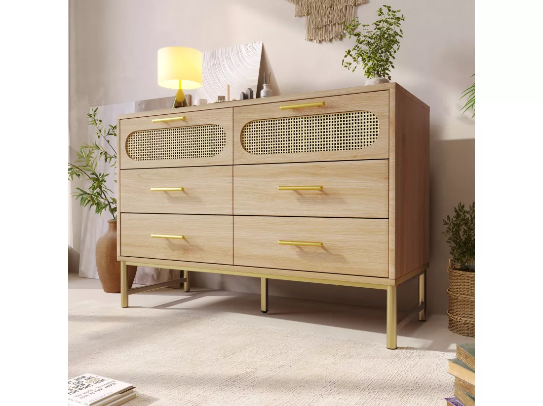 Commode en rotin avec 6 tiroirs, pour salon et chambre, poignées en métal, anti-basculement, 120 x 40 x 74 cm, chêne Sonoma