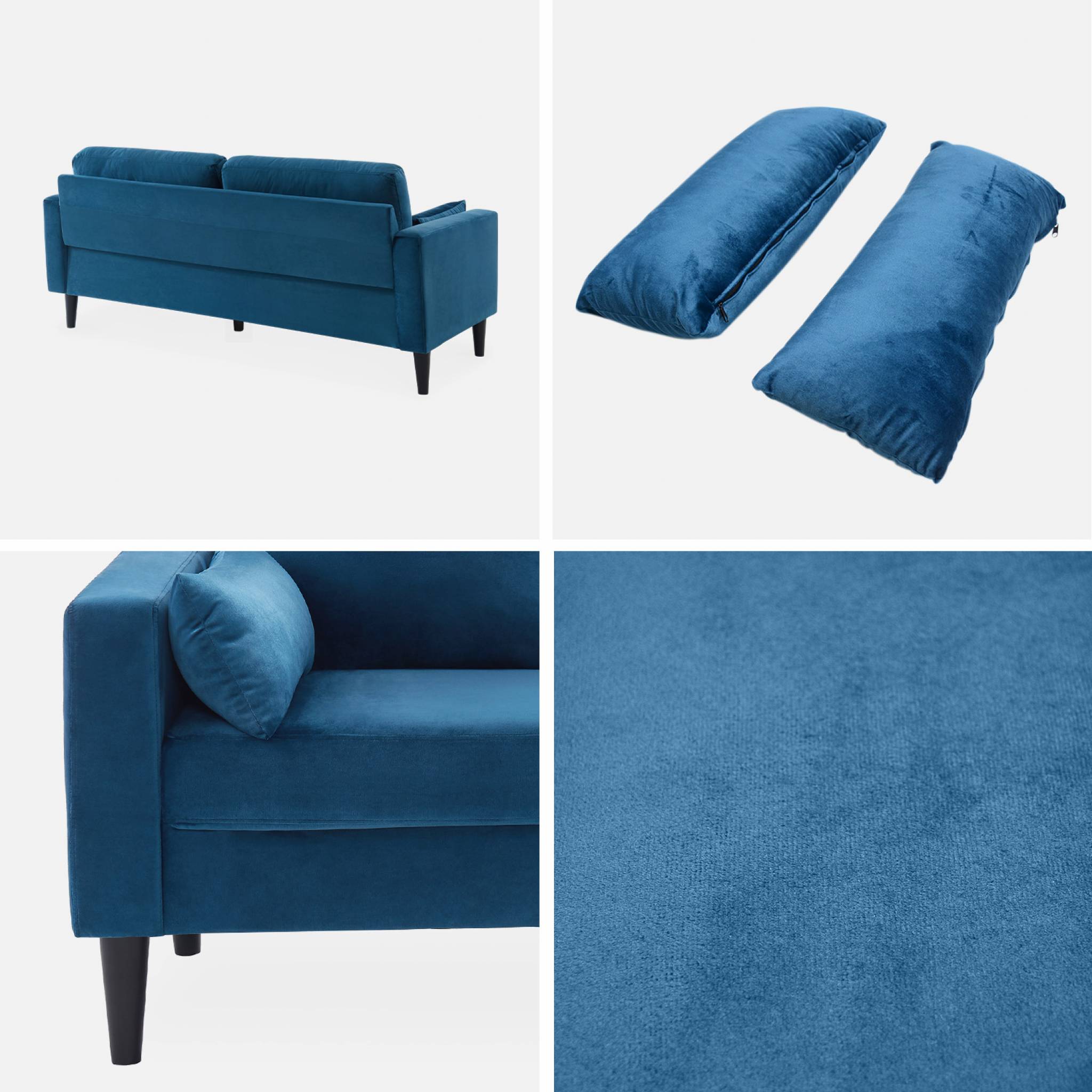 Canapé en velours bleu - bjorn - canapé 3 places fixe droit pieds bois. Style scandinave
