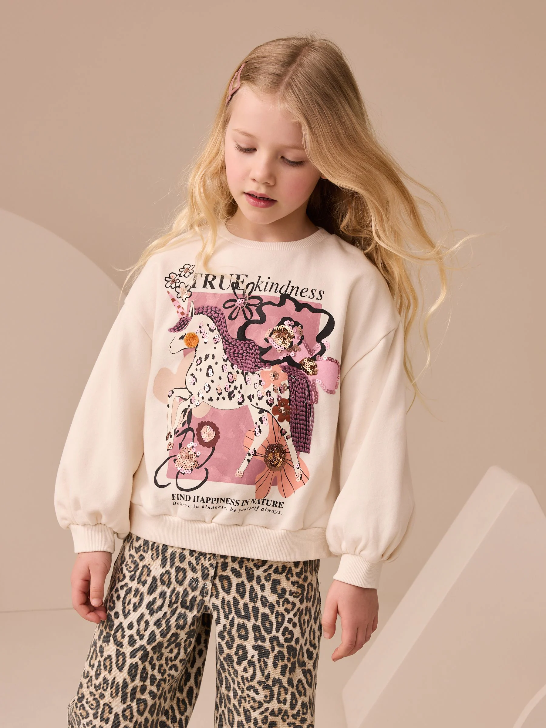 Ecru/roze eenhoornapplicatie - Sweatshirt (3 - 16 jr)