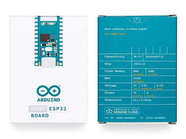 Arduino Nano ESP32, 240 MHz, u-blox NORA-W106, 128 MB, 512 KB, Arduino, Beregningsmodul