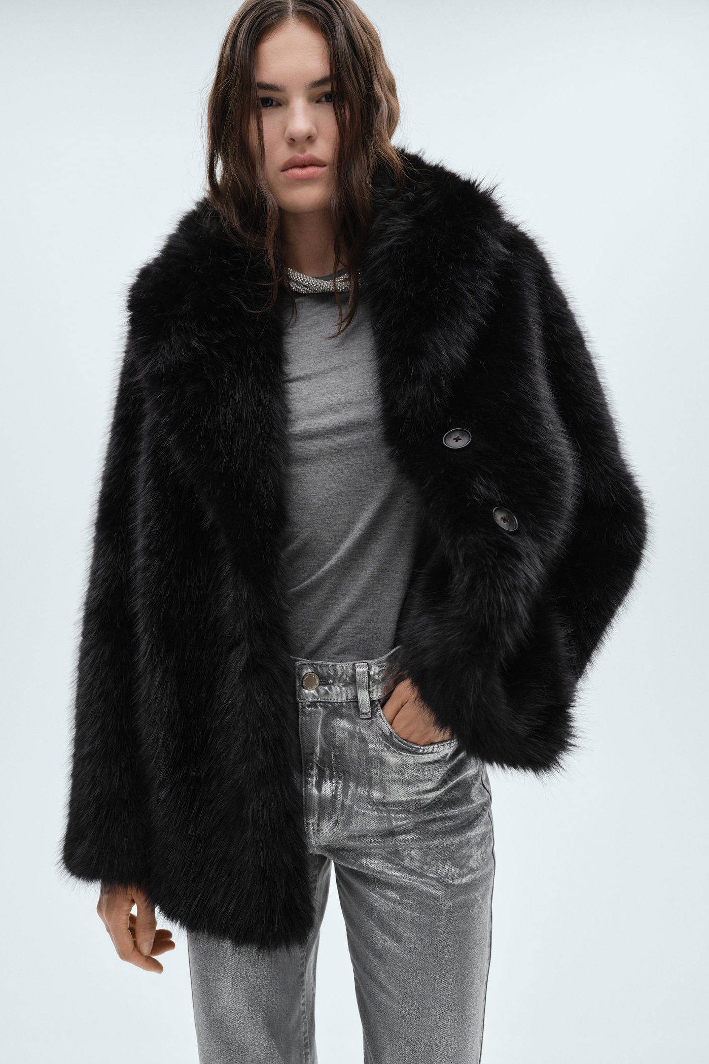Mango faux fur jas zwart