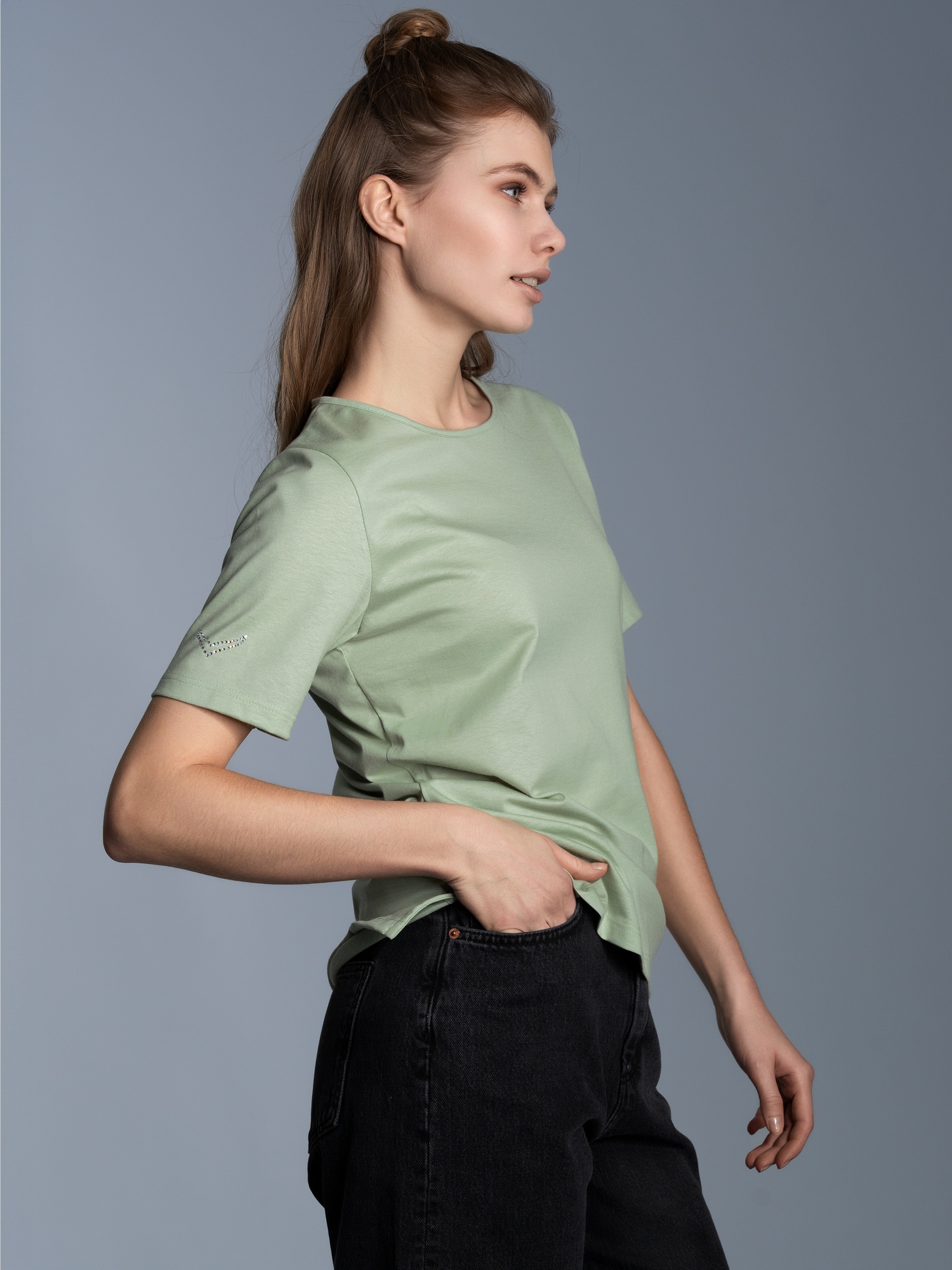 T-Shirt DELUXE Baumwolle mit Kristallsteinen Green tea