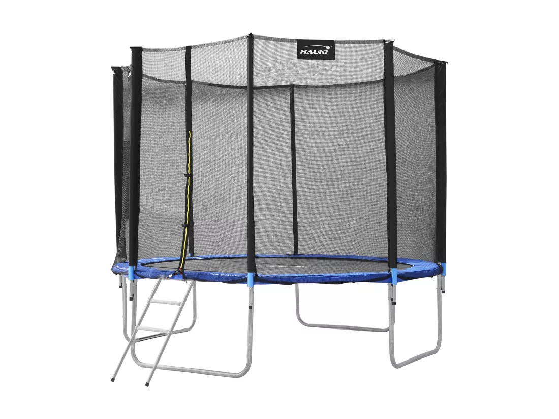 Hauki Trampoline Outdoor, Ø366 cm, bleu, certifié GS, trampoline de jardin rond pour enfants jusqu'à 150 kg, set complet avec filet de sécurité, échelle, couverture des bords, barres rembourrées, trampoline stable pour enfants