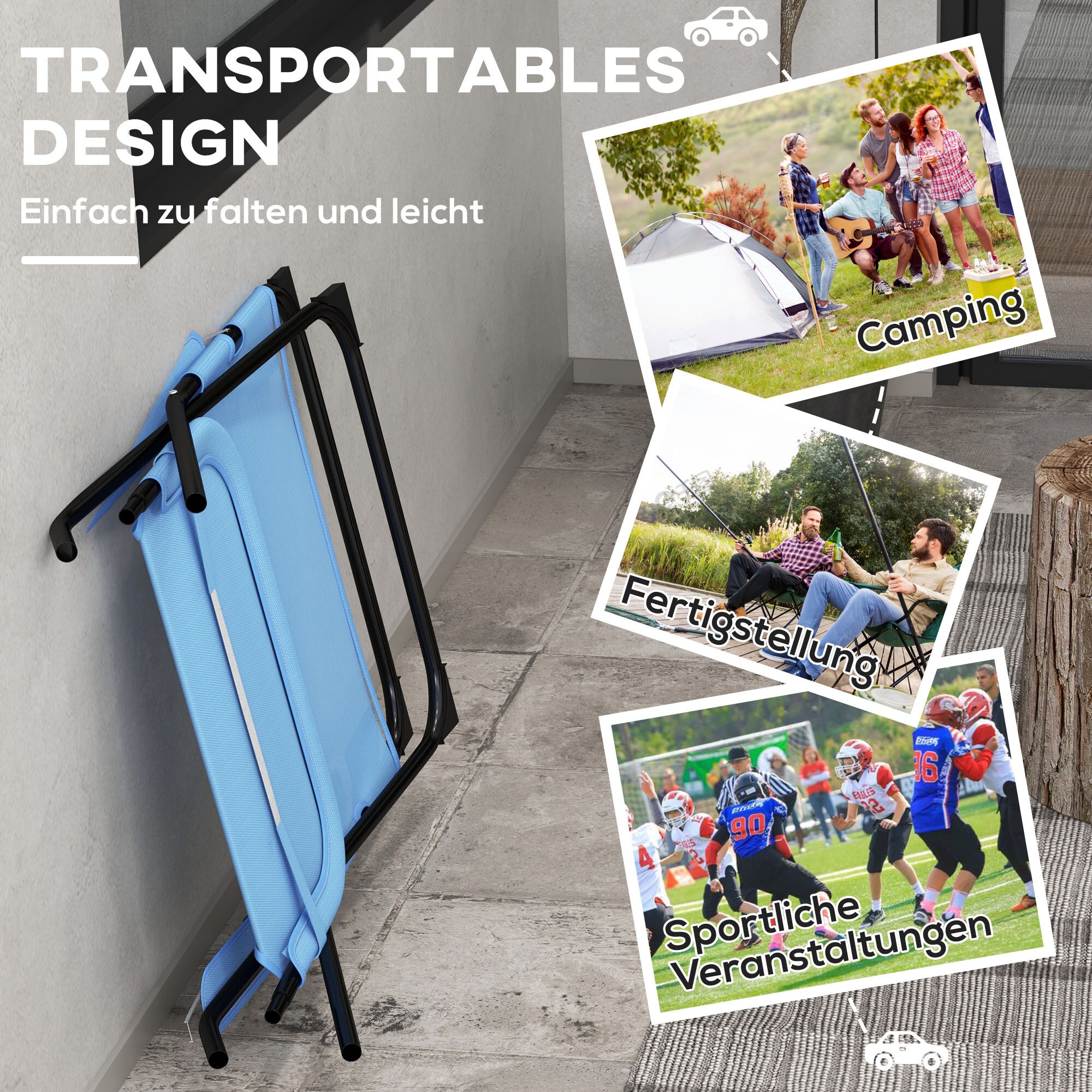 Outsunny Klappstuhl mit 4-stufiger Rückenlehnenverstellung und Kopfkissen blau 69L x 91B x 96H cm