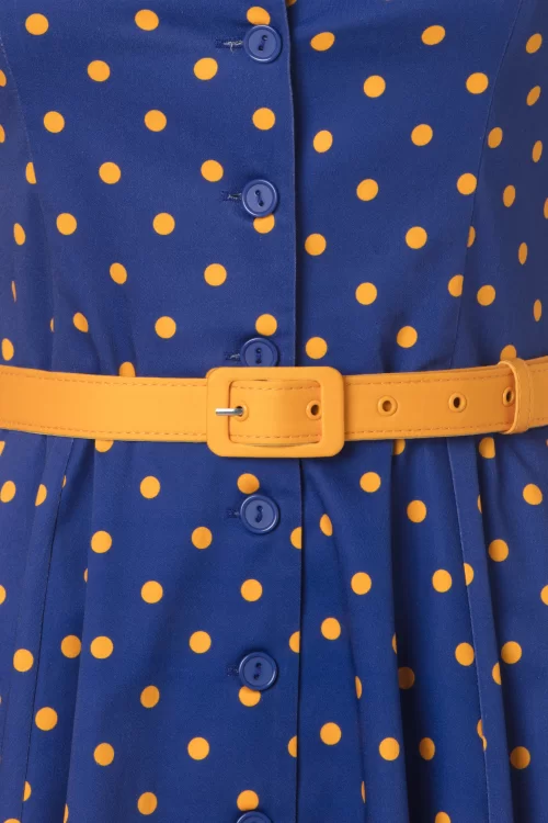 Topvintage Boutique Collection Topvintage exclusive ~ Angie Polkadot swing jurk in blauw en geel