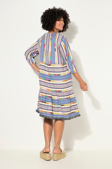 Kleid, A-Line, Musterstreifen, Knopfleiste, 3/4-Ärmel