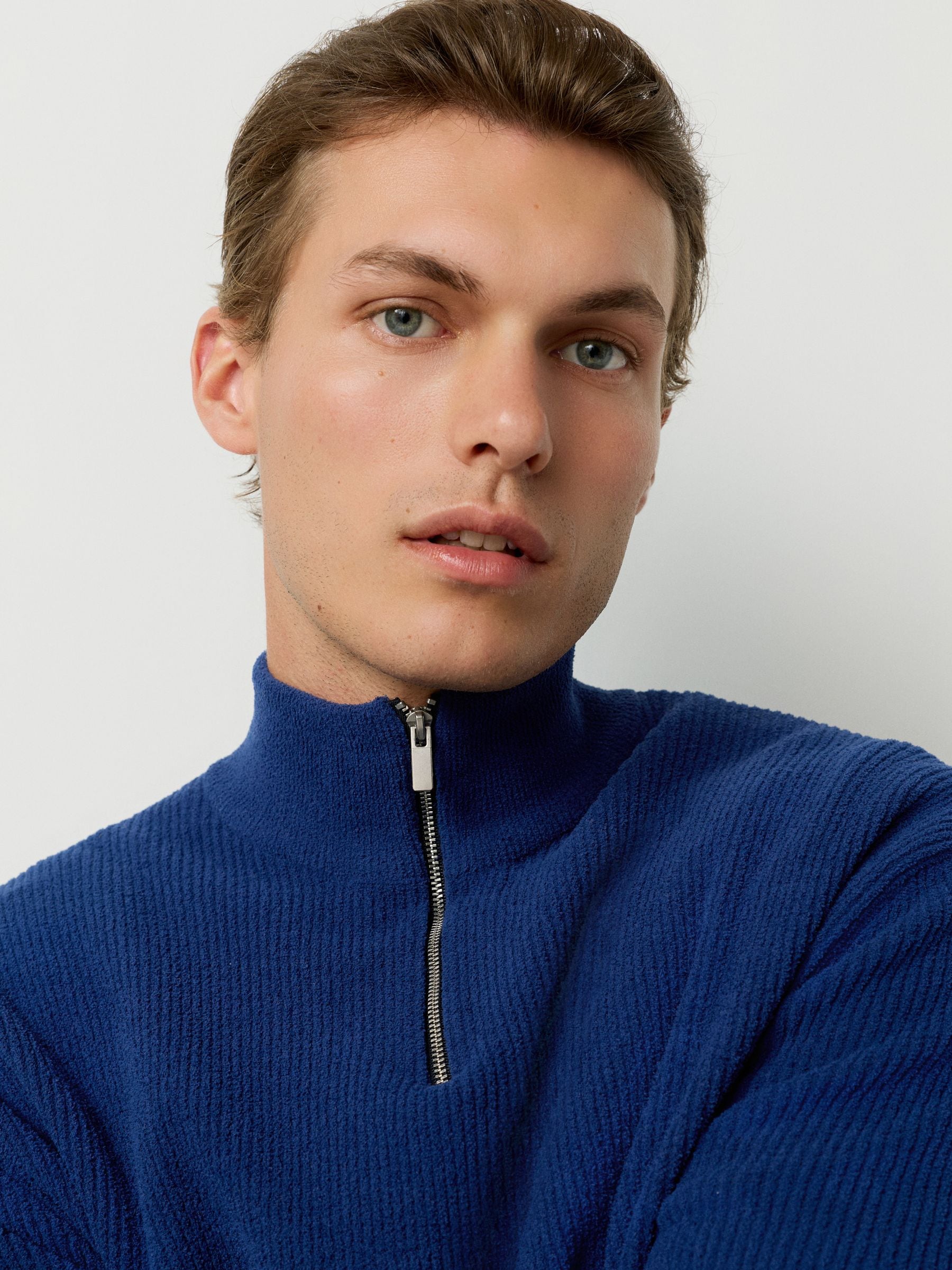 Donkerblauw - Regular fit geribde chenille trui met korte rits