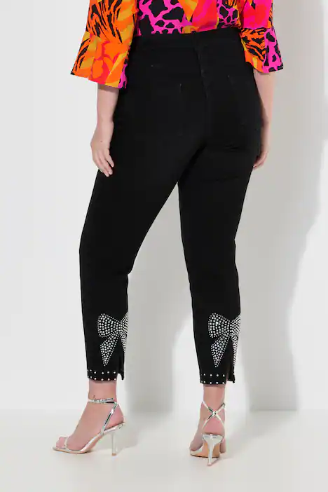Jeans, Slim Fit, Ziersteinchen-Saum, Glitzerschleife, black