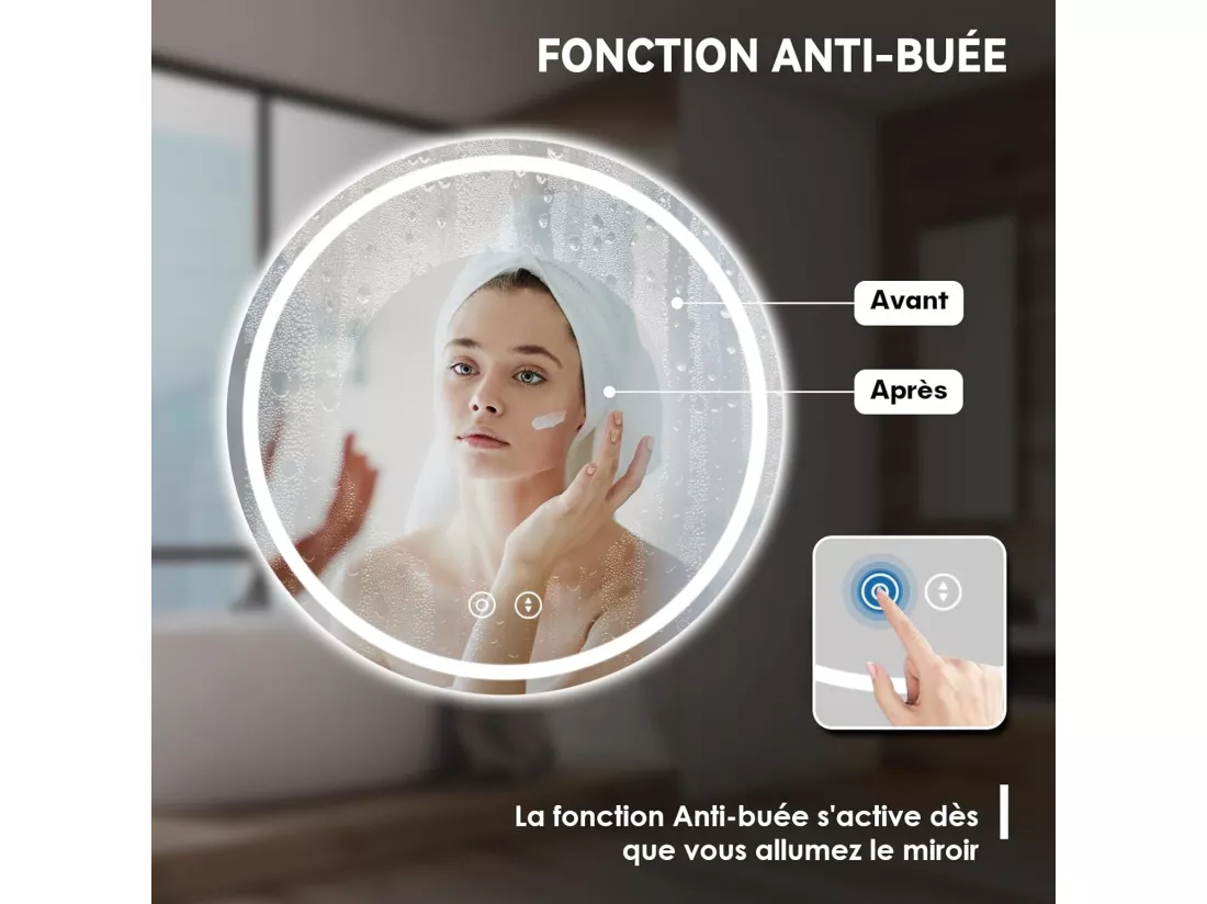 Miroir Rond Salle de Bain avec Eclairage LED, Miroir Maquillage Anti-buée, Miroir Mural 3 Couleurs Dimmable,70x70cm