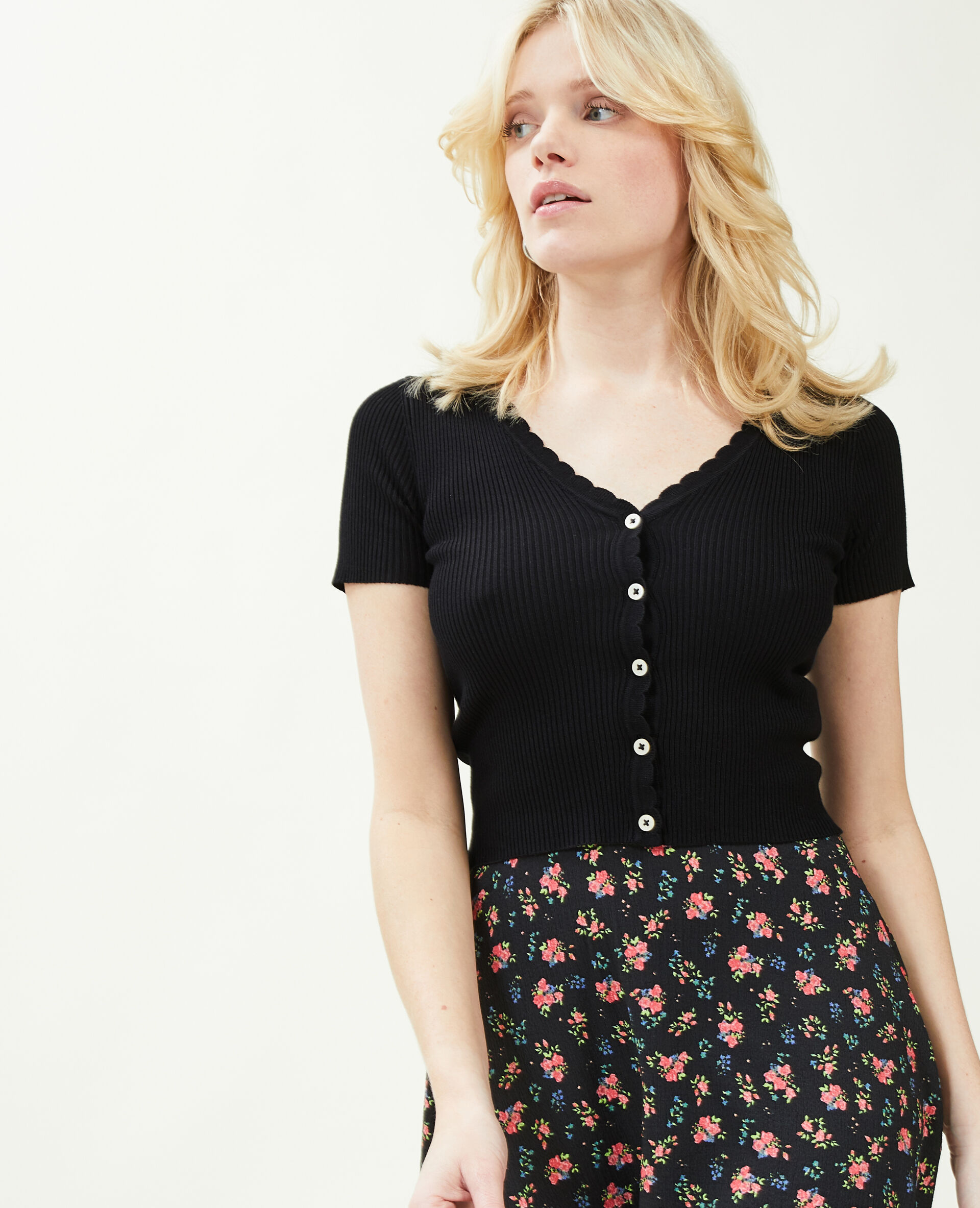 Top boutonné maille côtelée - Noir