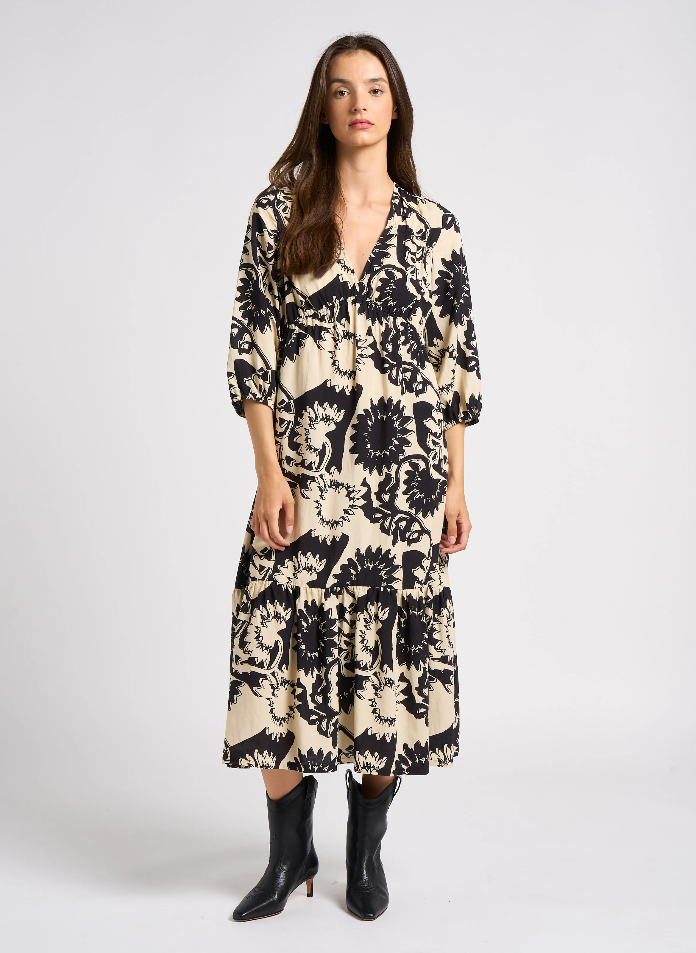 FERAE - Robe midi col V à imprimé floral | Noir