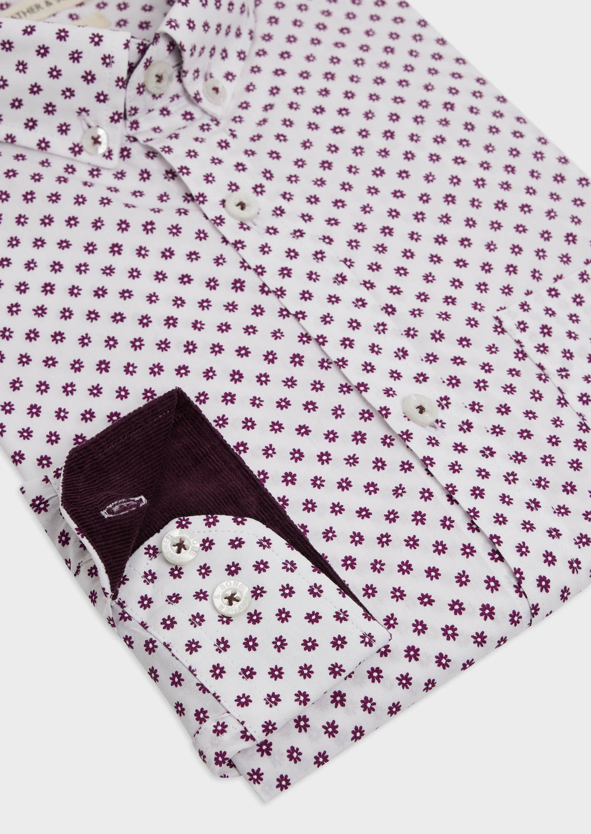Chemise sport Slim en popeline de coton blanc à motif fleuri aubergine