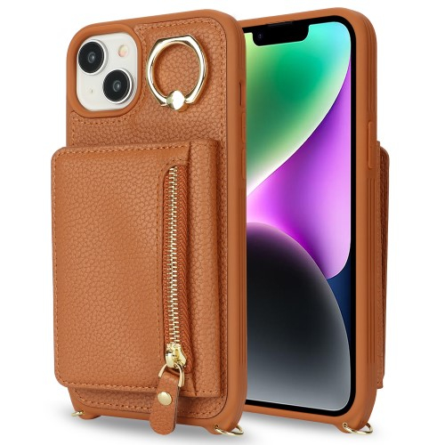 iPhone 14 / iPhone 13 Necklace Leder Hülle mit Münzfach und Kartenfächer   Finger Griff Halterung   Handykette - Braun