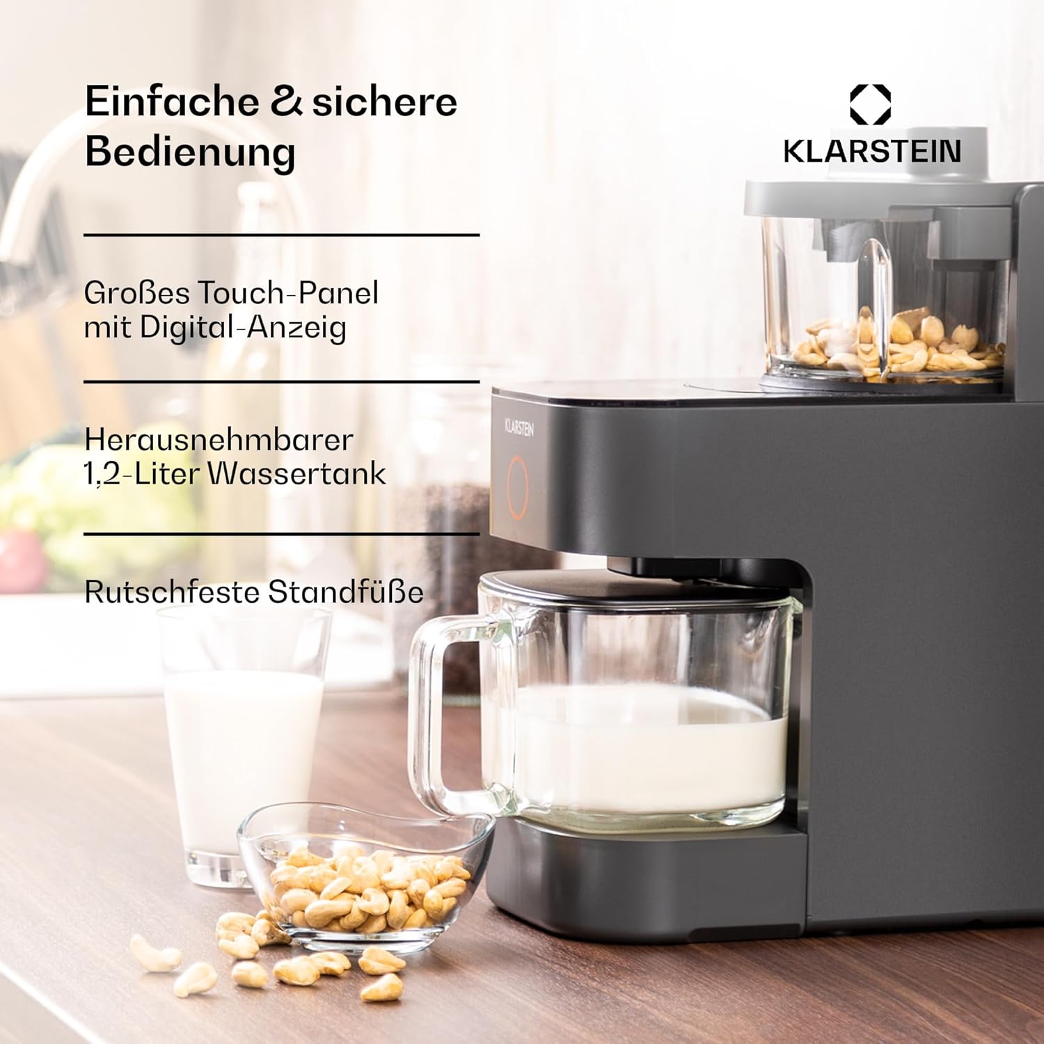 Klarstein Mixer, Standmixer mit 300 Motor- und 1250 Watt Heizleistung, Hochleistungsmixer für Pflanzenmilch Zubereitung, Smoothie Mixer mit 360° Heiztechnologie, 30.000 U/min, Touchscreen, Schwarz