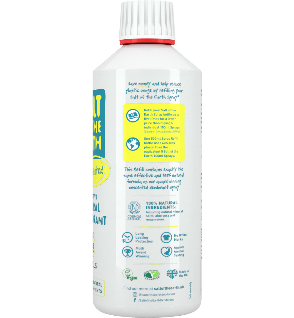 Salt Of The Earth Natural Deodorant Spray Navulfles, Unscented, Parfum vrij (500 ml)