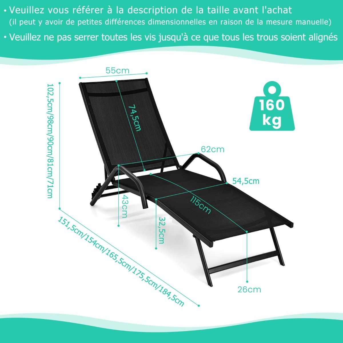 Lot de 2 Bains de Soleil Inclinables d'Extérieur avec Accoudoirs et Dossier Réglable à 5 Positions Charge 160 kg Noir - Lidl-Manfred