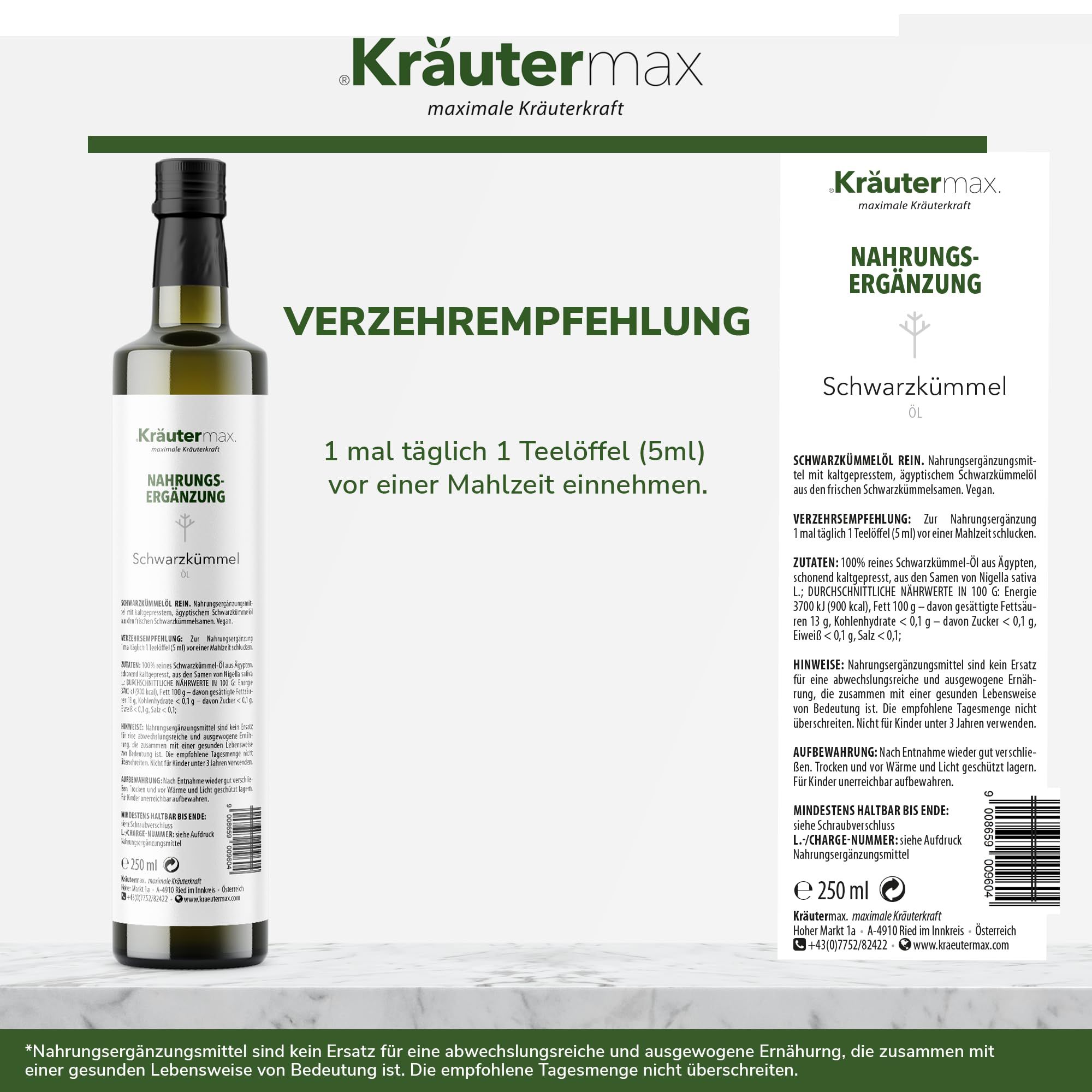 Kräutermax Schwarzkümmelöl, ägyptisch, rein, kaltgepresst. Vegan.
